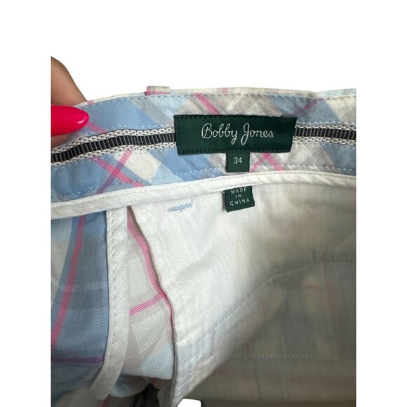 BOBBY JONES Blue Plaid Gold Pleated Shorts Size 34 - Picture 2 of 8